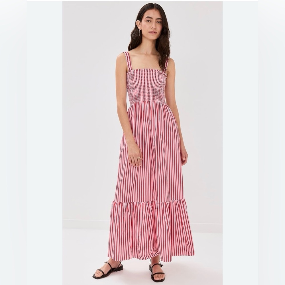 Hill House Anjuli Nap Dress Smocked Red White Striped Midi Maxi Dress Large L - Picture 2 of 7